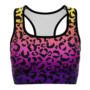 Women's Rainbow Gradient Leopard Cheetah Print Athletic Sports Bra Front