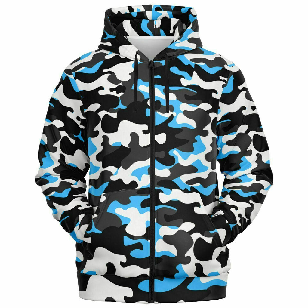 Unisex Urban Jungle Carolina Blue White Black Camouflage Zip-Up Hoodie