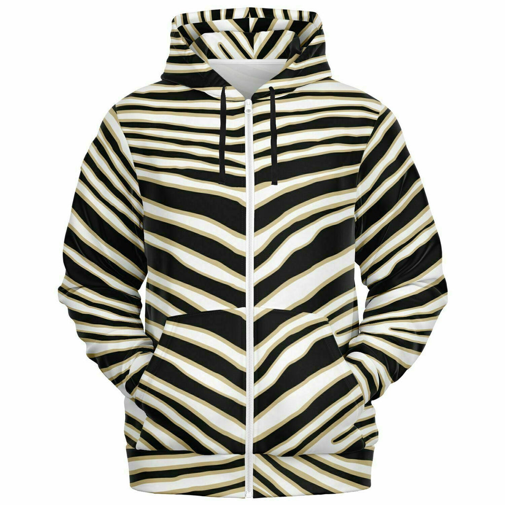 Unisex New Orleans Football Black Gold Zebra Stripe Animal Pattern Athletic Zip-Up Hoodie