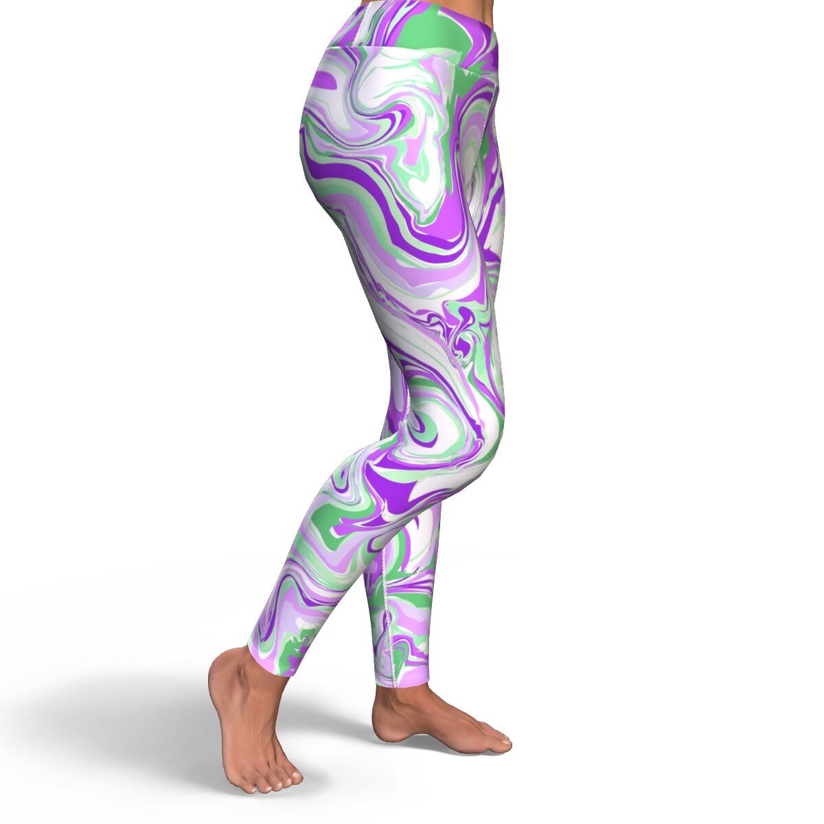 Women's Purple Green Marble Paint Swirls High-waisted Yoga Leggings Right