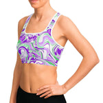 Women's Purple Green Marble Paint Swirls Athletic Sports Bra Model Left