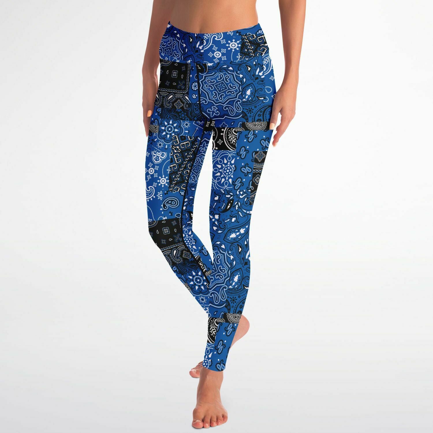 Women's Blue Paisley Patchwork High-waisted Yoga Leggings Front
