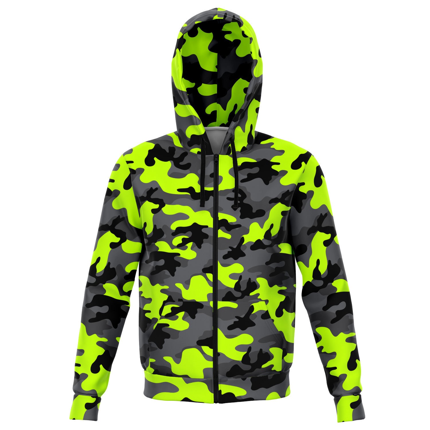 Unisex Fluorescent Neon Melon Green Camouflage Athletic Zip-Up Hoodie