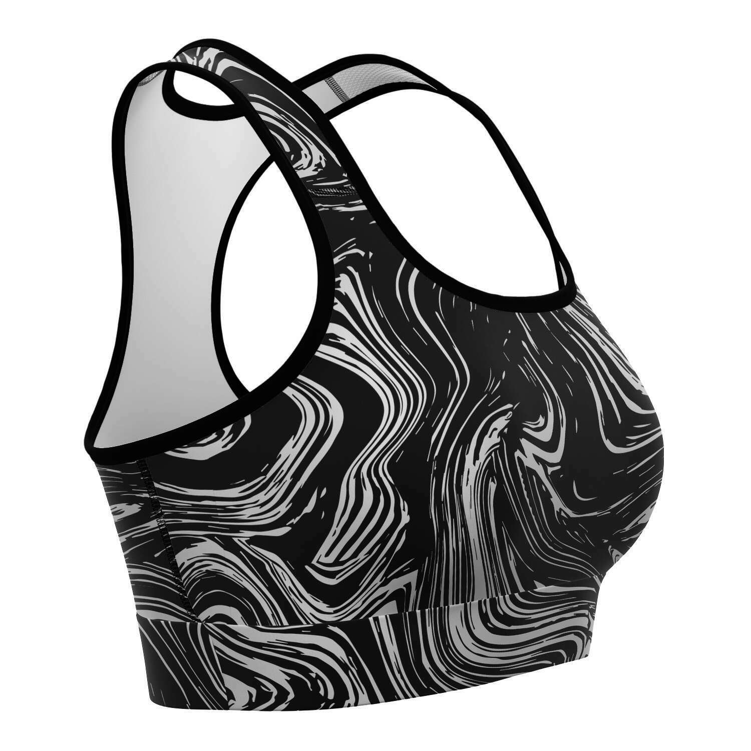 Women's Black Grey Marble Swirl Athletic Sports Bra Right