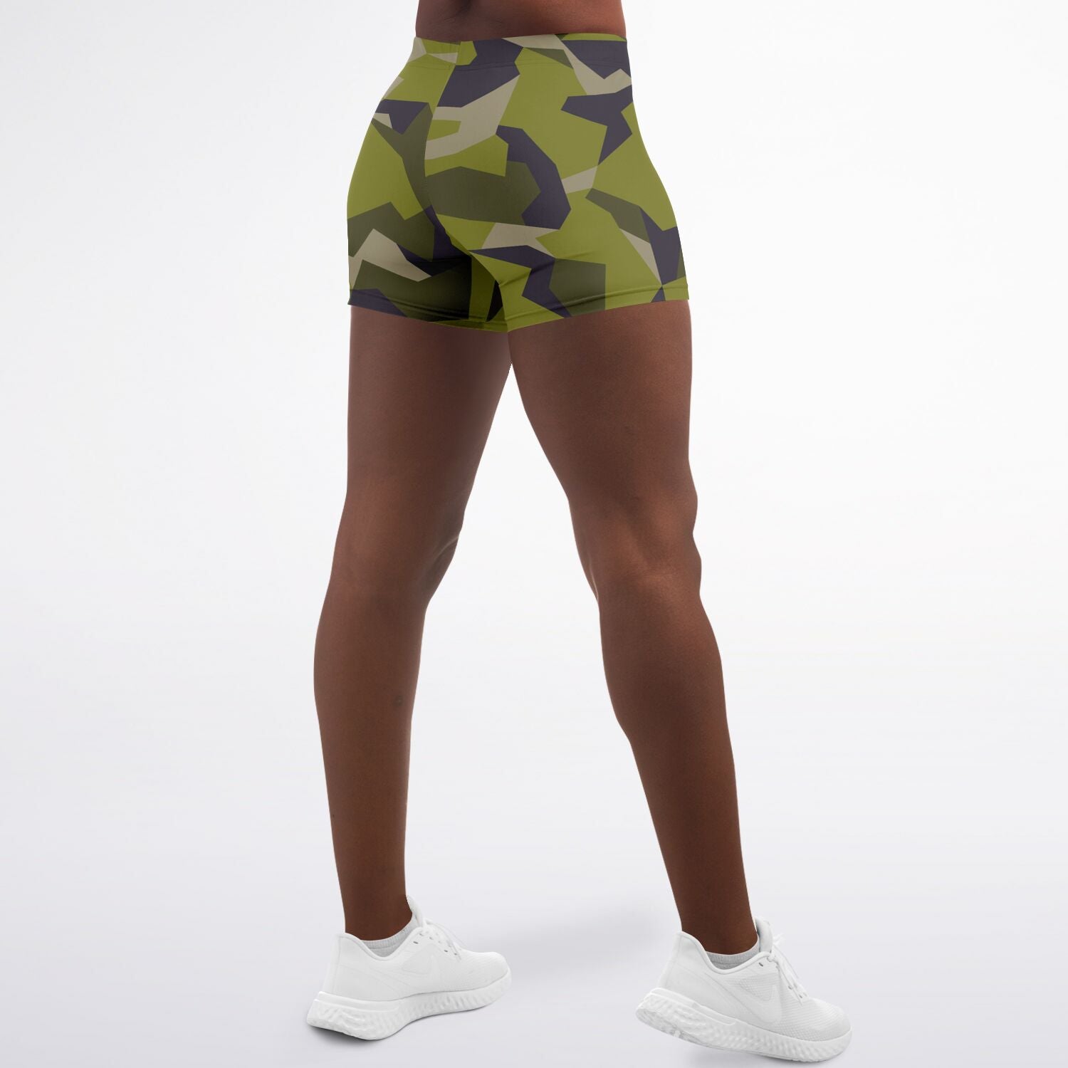 Women's M90 Woodland Green Modern Soldier Urban Warfare Camouflage Mid-Rise Athletic Booty Shorts