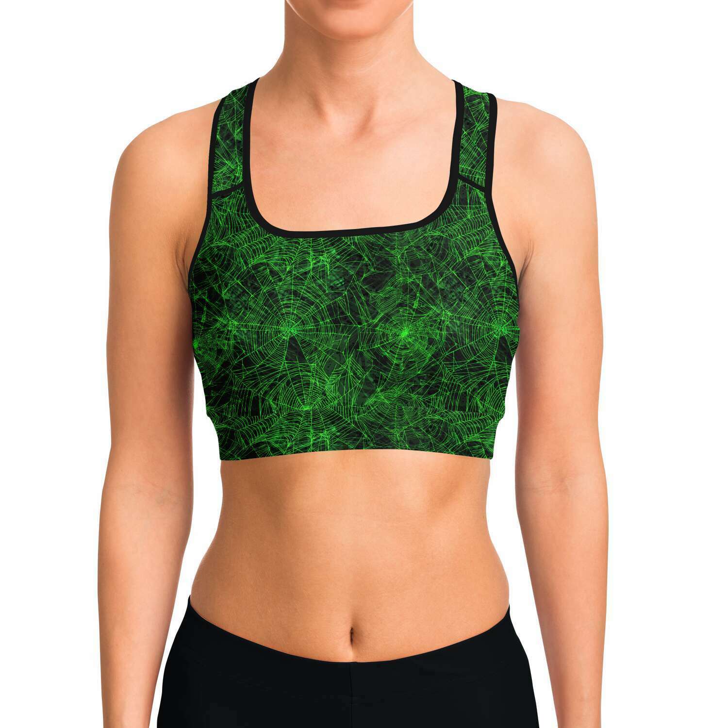 Women's Neon Green Spider Web Halloween Athletic Sports Bra Model Front