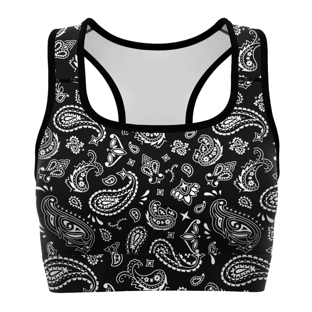 Women's Black White Paisley Bandana Athletic Sports Bra
