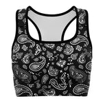 Women's Black White Paisley Bandana Athletic Sports Bra