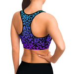 Women's Purple Blue Gradient Leopard Cheetah Print Athletic Sports Bra Model Right
