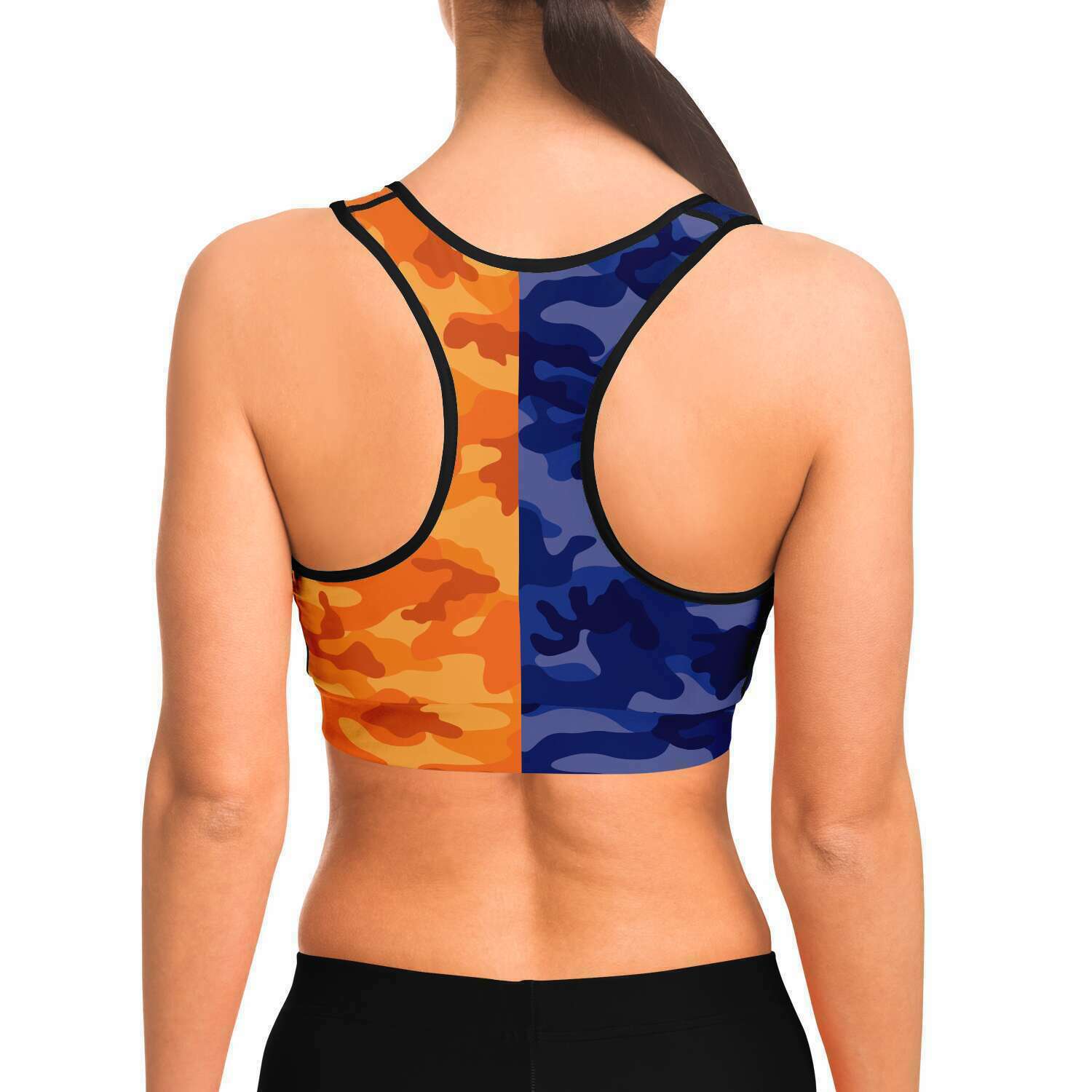 Women's All Blue Orange Camouflage Athletic Sports Bra Model Back
