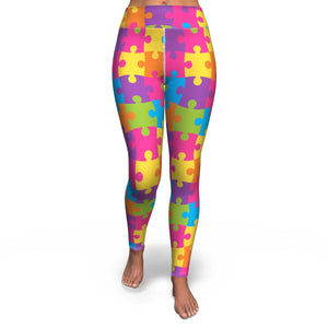 Women's Rainbow Puzzle Pieces Autism Awareness High-waisted Yoga Leggings Front