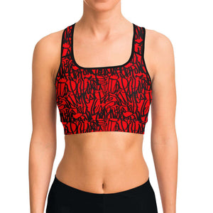 Women's Red Black Street Graffiti Art Athletic Sports Bra Model Front