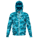 Unisex All Cyan Turquoise Camouflage Athletic Zip-Up Hoodie