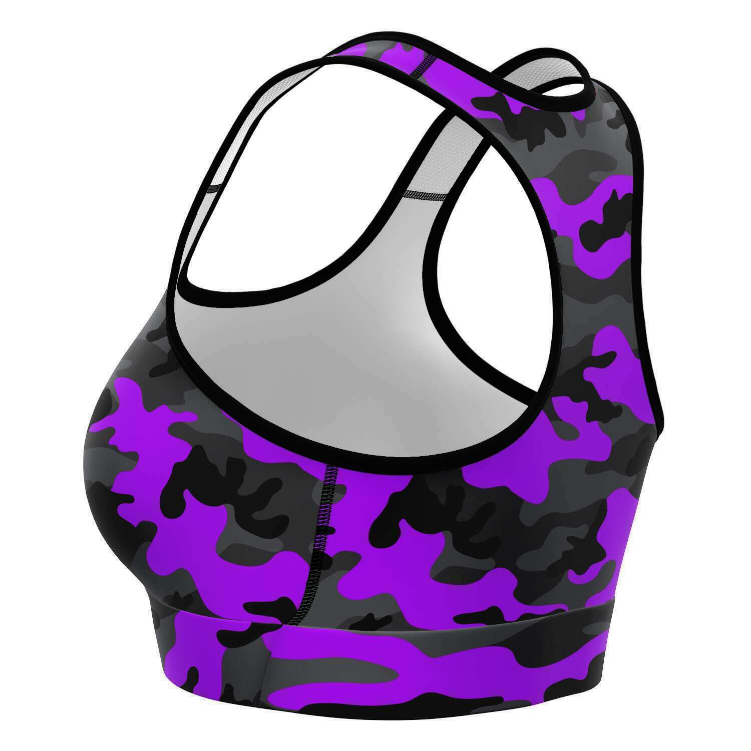 Women's Black Purple Camouflage Athletic Sports Bra Left