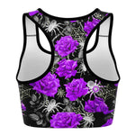 Women's Deadly Purple Roses & Spiders Halloween Athletic Sports Bra Back