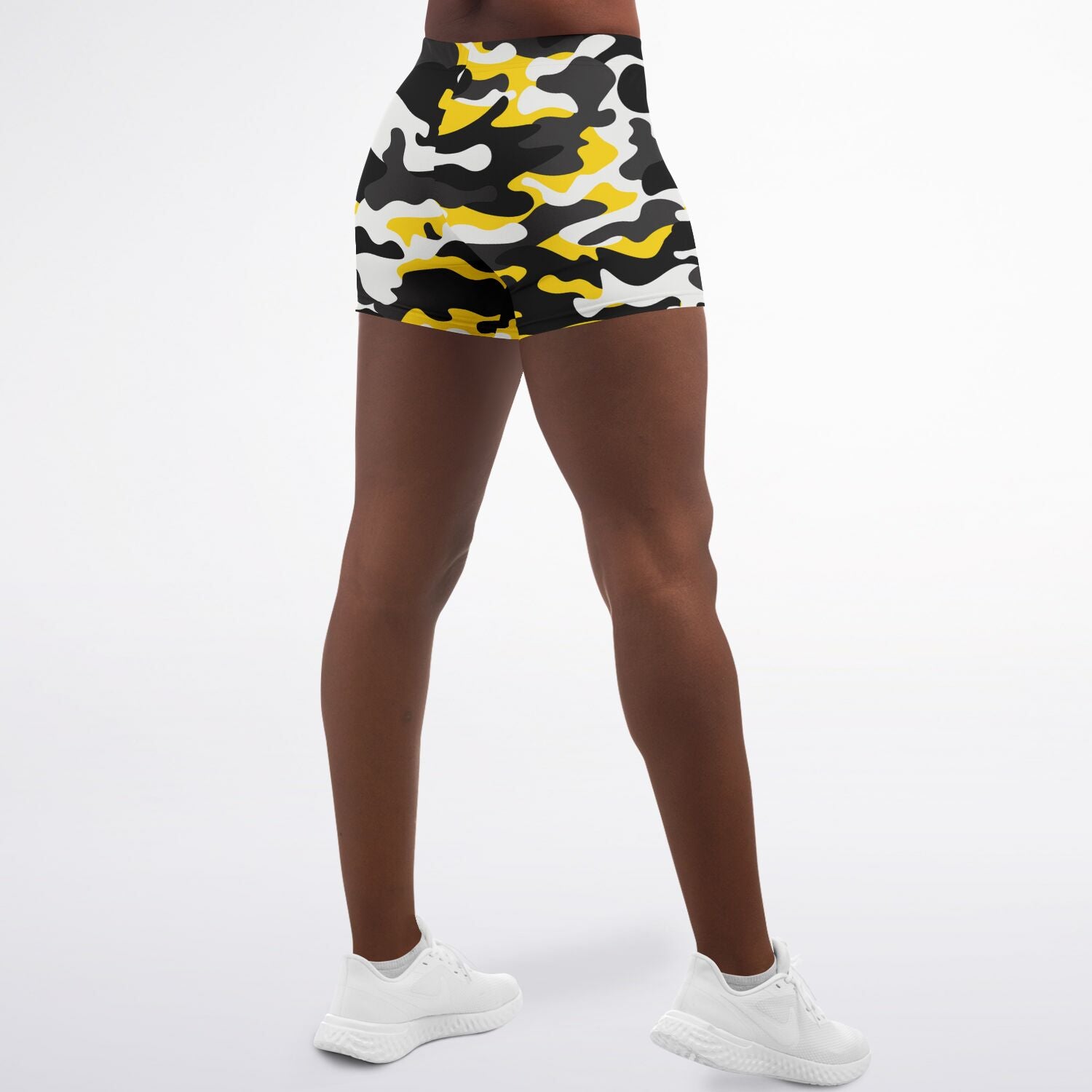 Women's Urban Jungle Yellow White Black Camouflage Mid-Rise Athletic Booty Shorts