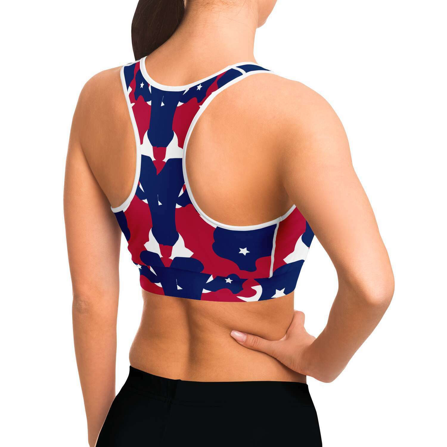 Women's Fourth Of July Stars Red White Blue USA Camouflage Athletic Sports Bra Model Right