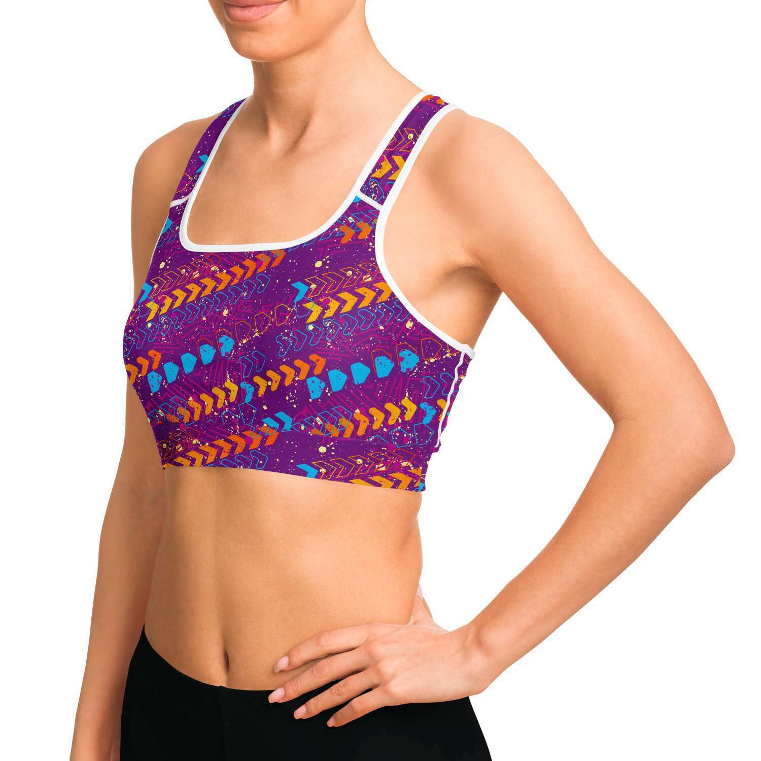 Women's Fast Forward Purple Athletic Sports Bra Model Left