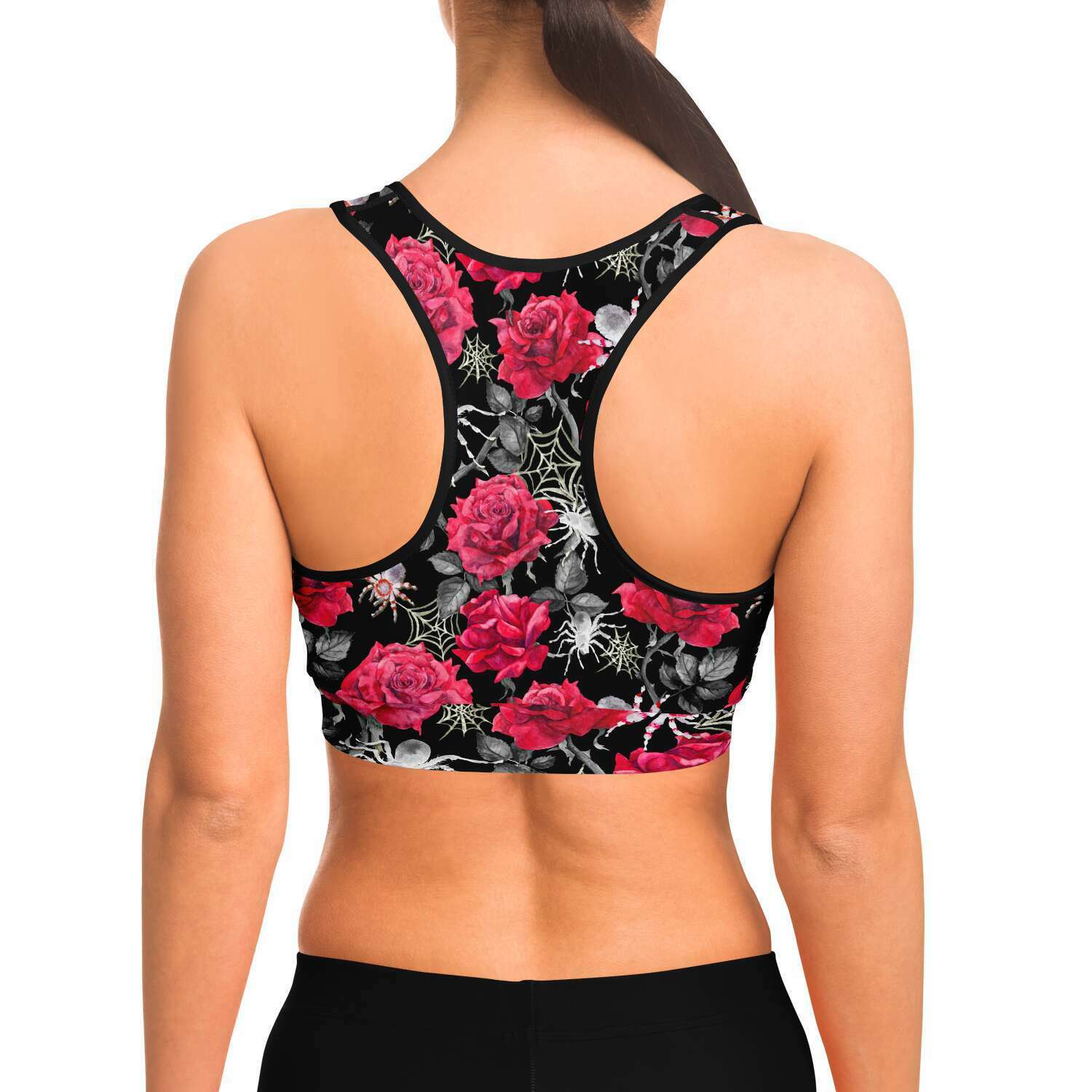 Women's Deadly Pink Roses & Spiders Halloween Athletic Sports Bra Model Back