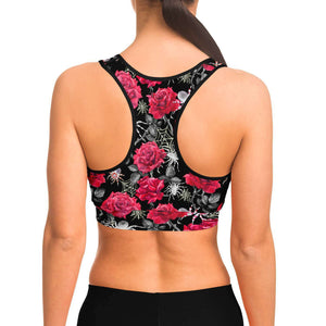 Women's Deadly Pink Roses & Spiders Halloween Athletic Sports Bra Model Back