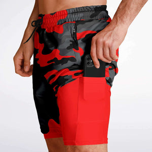 Men's 2-in-1 Black Red Camouflage Gym Shorts
