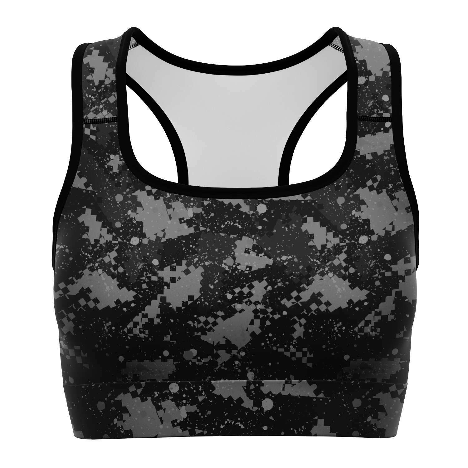 Women's Black Grey Digital Camouflage Athletic Sports Bra Front