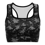 Women's Black Grey Digital Camouflage Athletic Sports Bra Front