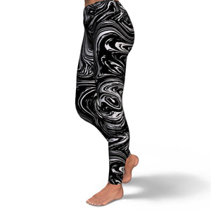Women's Black Grey Marble Swirl Yoga Fitness Leggings Left