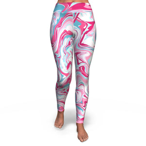 Women's Pink Blue Marble Paint Swirls High-waisted Yoga Leggings Front