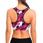 Women's Black Pink Brush Camouflage Athletic Sports Bra Model Back