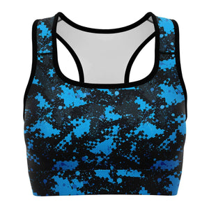 Women's Blue Digital Camouflage Athletic Sports Bra Front