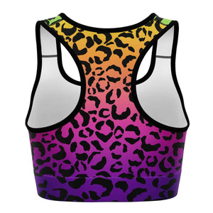 Women's Rainbow Gradient Leopard Cheetah Print Athletic Sports Bra Back