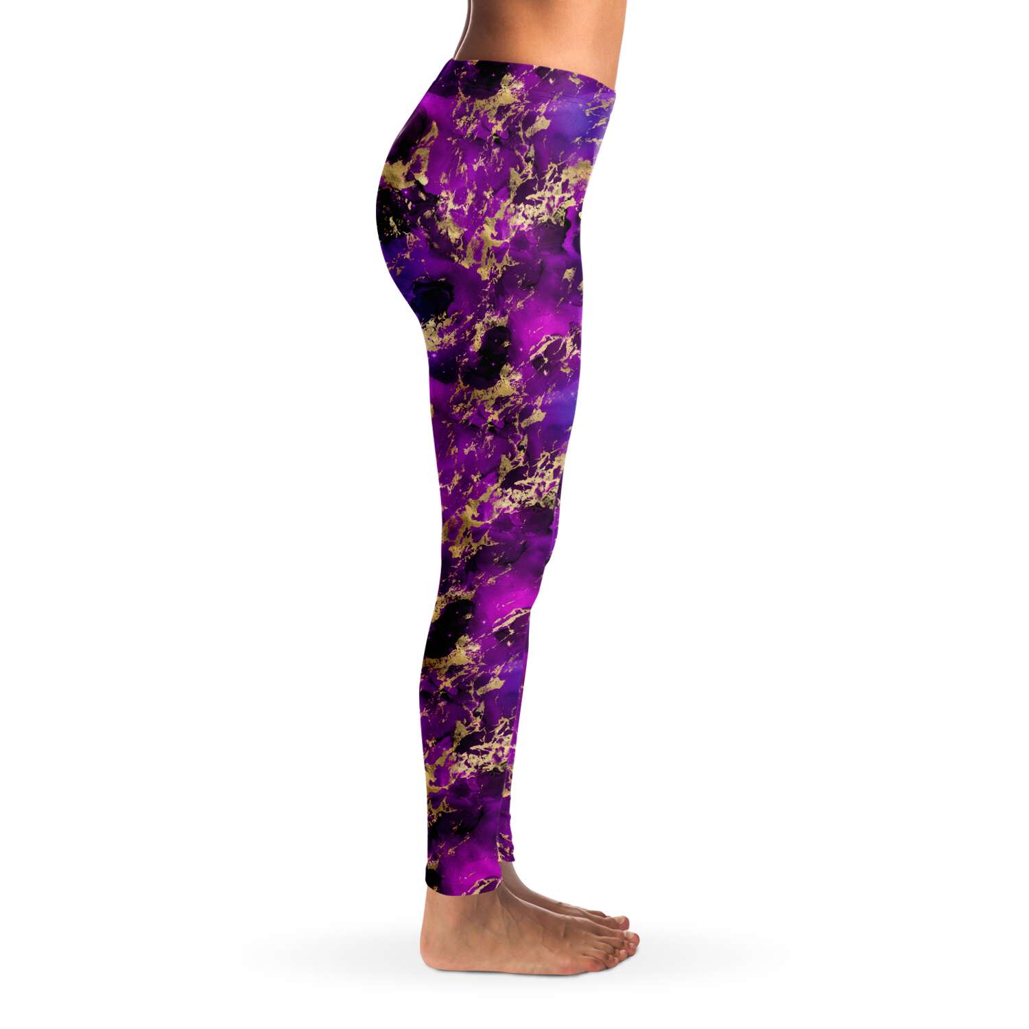 Women's Purple Gold Flake Galaxy Gods Mid-rise Yoga Leggings Right