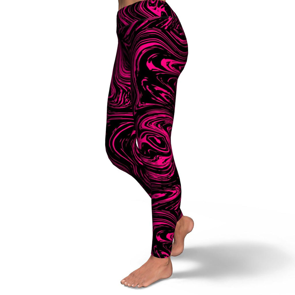 Women's Black Pink Marble Swirl Yoga Fitness Leggings Left
