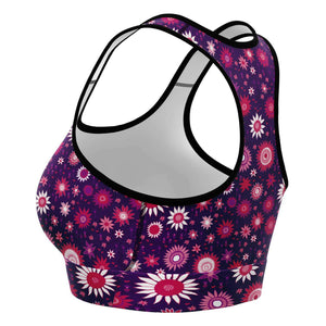 Women's Purple Flower Power Athletic Sports Bra Left