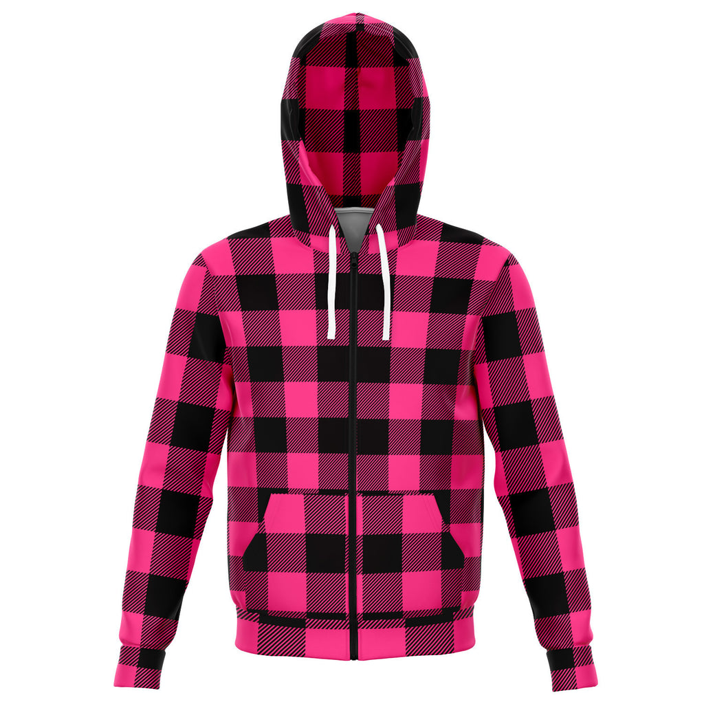 Unisex Pink Lumberjack Plaid Athletic Zip-up Hoodie