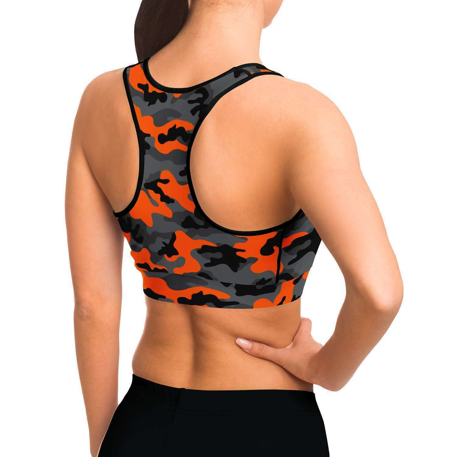 Women's Black Orange Camouflage Athletic Sports Bra Model Right