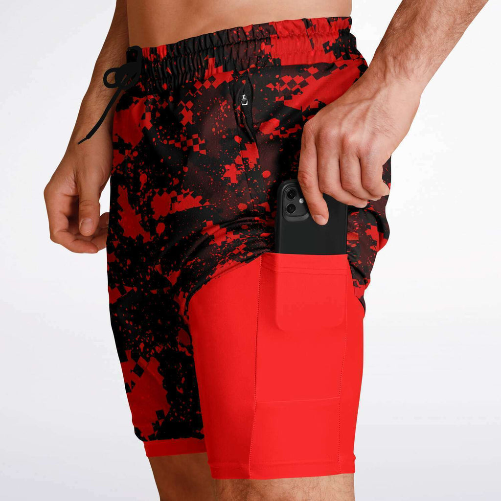 Men's 2-in-1 Black Red Checker Paint Splash Camouflage Gym Shorts