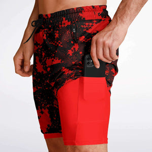 Men's 2-in-1 Black Red Checker Paint Splash Camouflage Gym Shorts