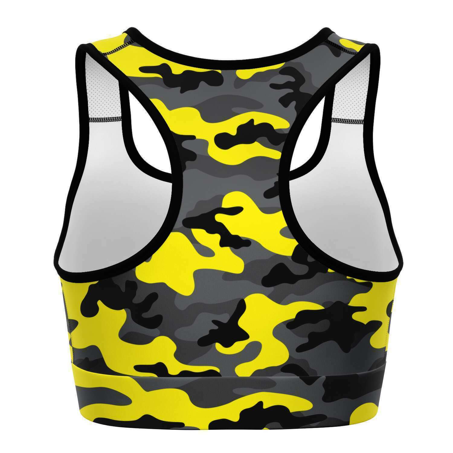 Women's Black Yellow Camouflage Athletic Sports Bra Back