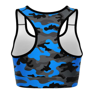 Women's Black Blue Camouflage Athletic Sports Bra Back