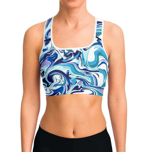 Women's Blue Marble Swirl Athletic Sports Bra Model Front