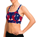 Women's Fourth Of July Stars Red White Blue USA Camouflage Athletic Sports Bra Model Left