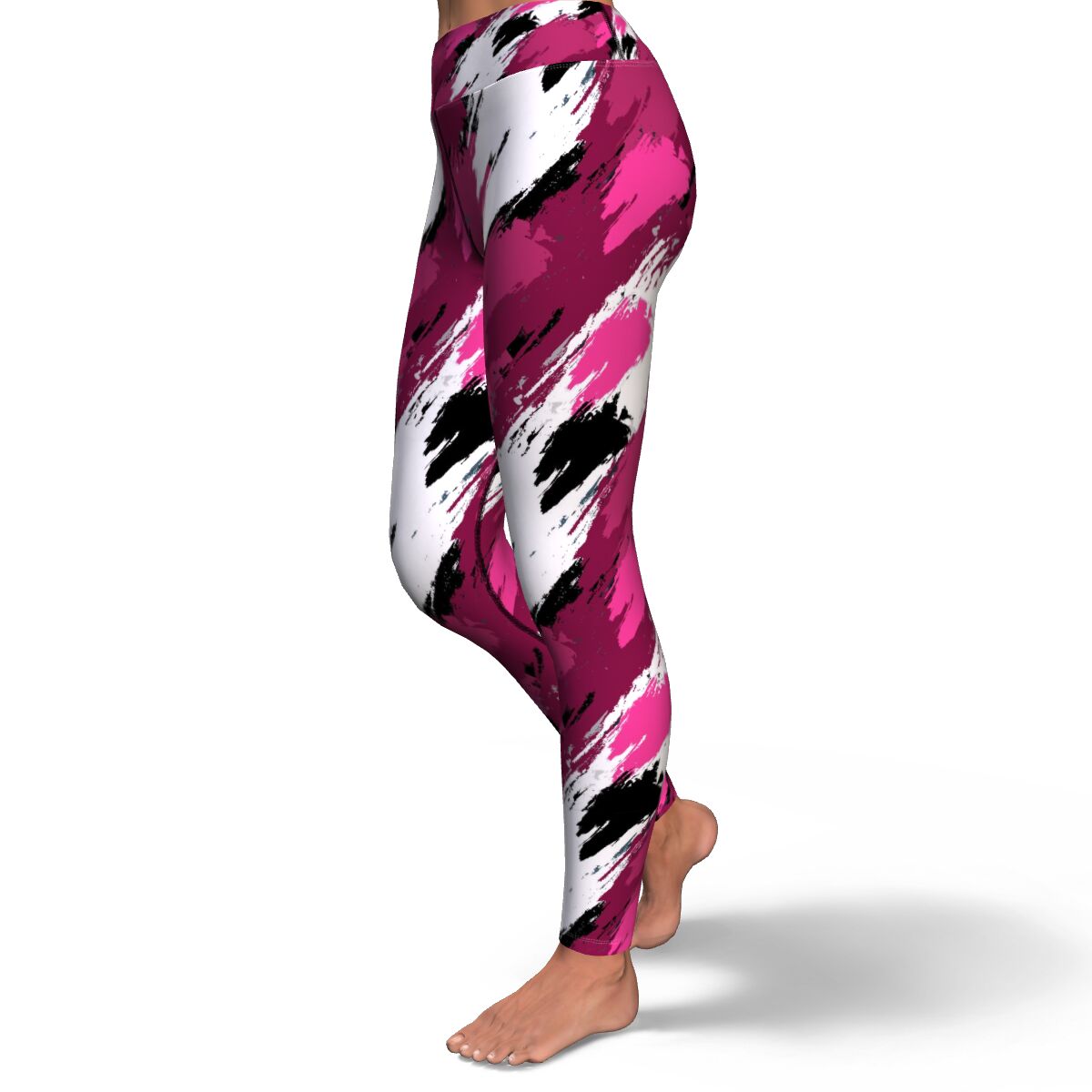 Women's Black Pink Brush Camouflage Yoga Leggings Left