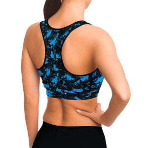 Women's Blue Digital Camouflage Athletic Sports Bra Model Right