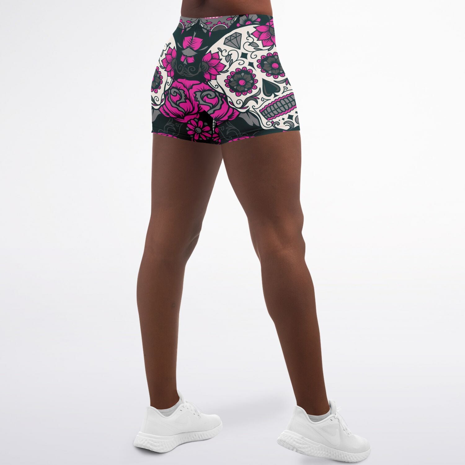 Women's Mid-rise Pink Day of the Dead Sugar Skulls Halloween Athletic Booty Shorts