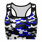 Women's Urban Jungle Blue White Black Camouflage Athletic Sports Bra