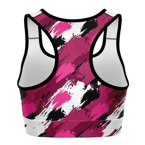 Women's Black Pink Brush Camouflage Athletic Sports Bra Back
