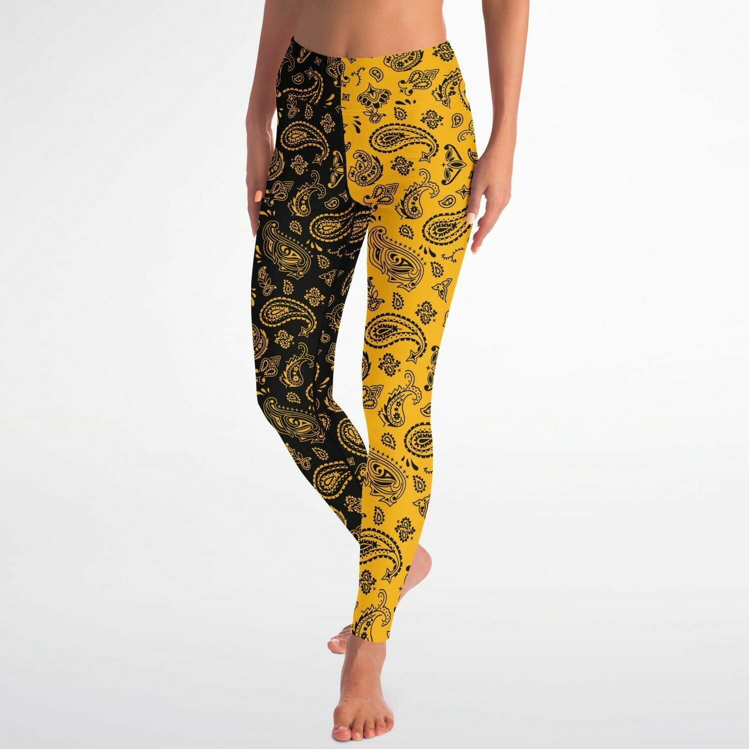 Women's Black Yellow Paisley Bandana High-waisted Yoga Leggings