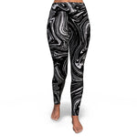 Women's Black Grey Marble Swirl Yoga Fitness Leggings Front